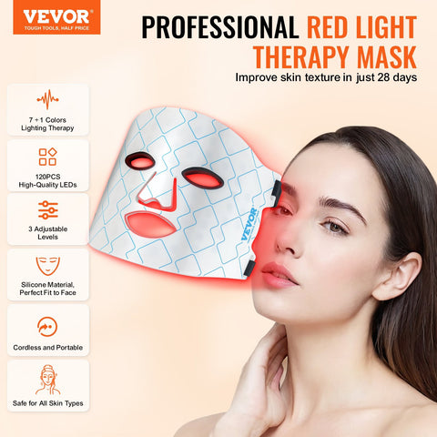 VEVOR Red Light Therapy Mask – 7-Color LED Light Mask with 850nm NIR for Skin Rejuvenation
