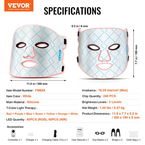 VEVOR Red Light Therapy Mask – 7-Color LED Light Mask with 850nm NIR for Skin Rejuvenation
